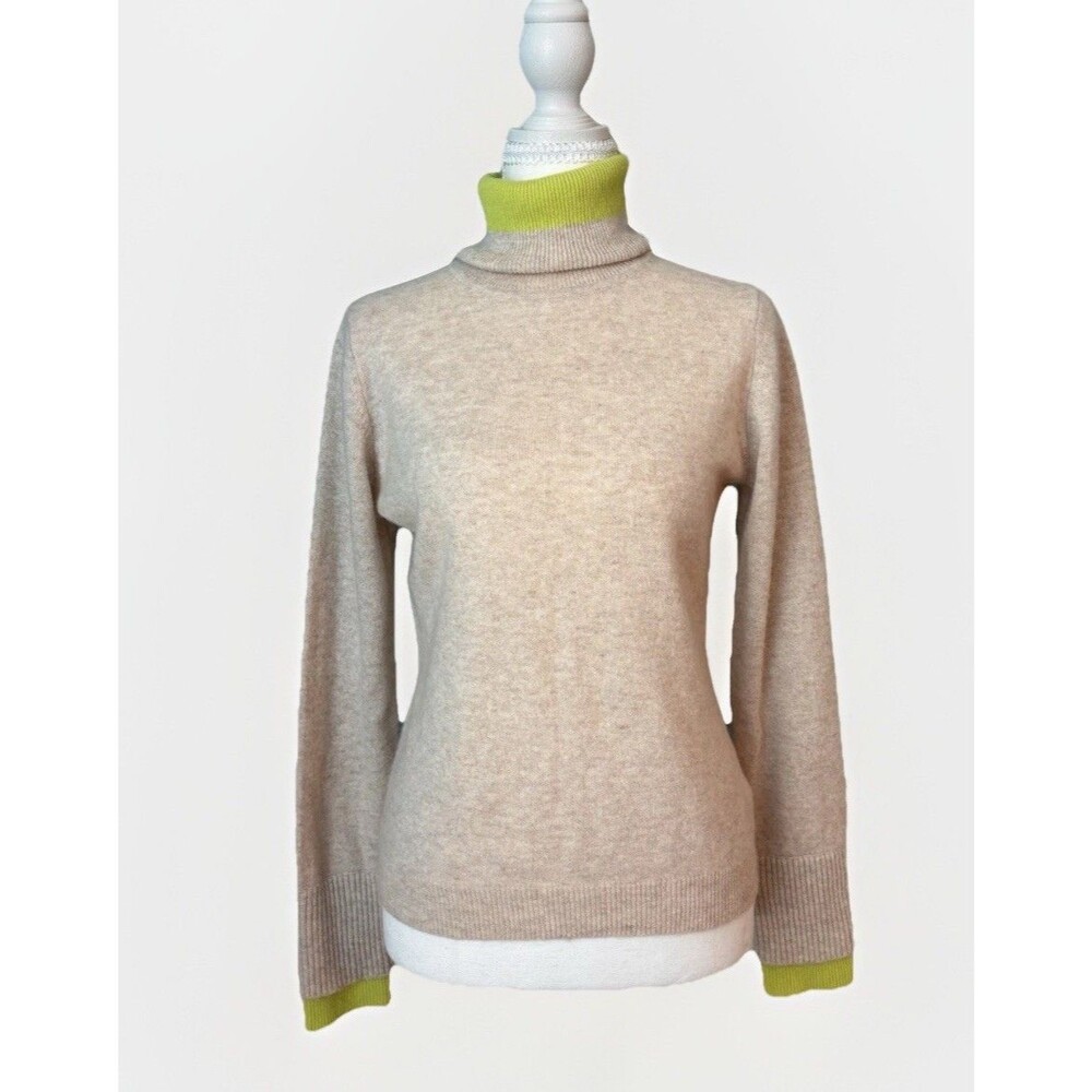 Brodie Cashmere 100% Cashmere Turtleneck Sweater Neon Lime Trim Beige Size S